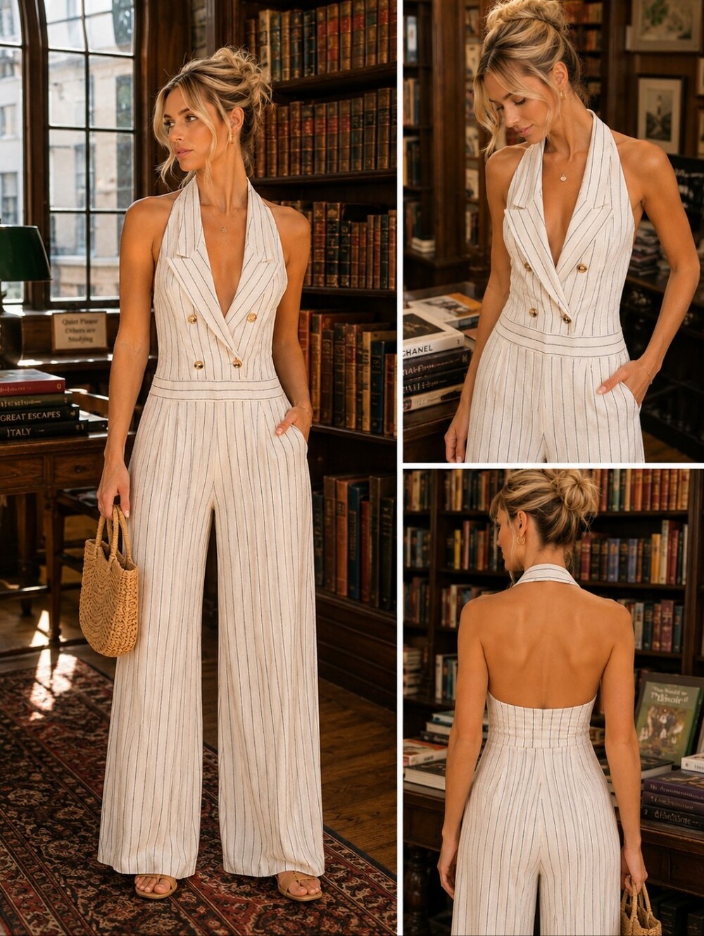 Cream Pinstripe Halter Wide-Leg Jumpsuit NWT, L